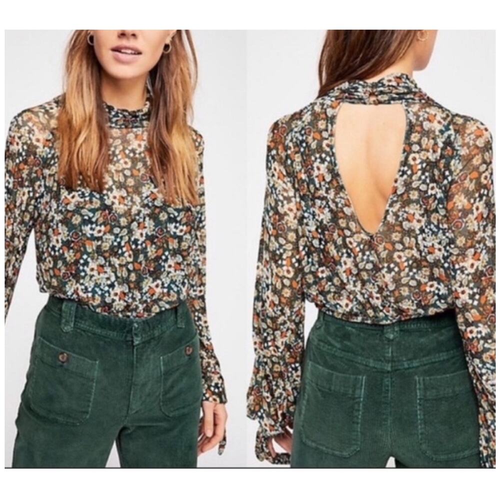 Free People Medium All Dolled Up Floral Blouse Sheer Mesh Mock Neck Cropped Fit‎